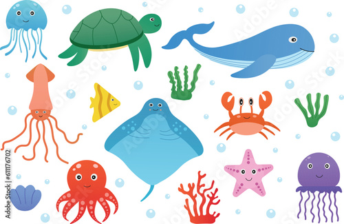 Cute sea and ocean animals. Set of cartoon characters. Shell, jellyfish, crab, stingray, algae, octopus, turtle, whale, starfish.
