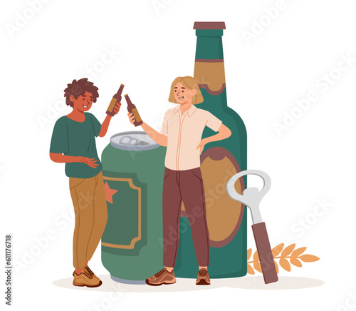 Friends drink beer vector concept. Man and woman with alcoholic drinks on background of bottles and cans of beer. Party or event, holiday. Young girl and guy cheers. Cartoon flat illustration