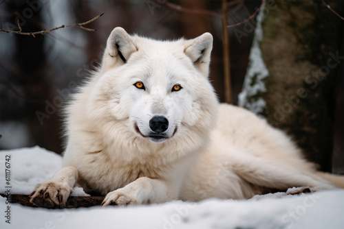 Generative AI. a white wolf lying in the snow