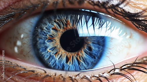 A detailed close up view of a bright blue eye. Generative ai