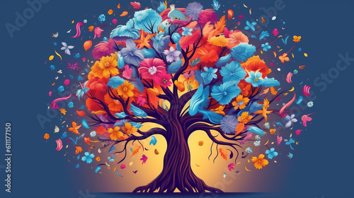 A vibrant tree surrounded by fluttering butterflies. Generative ai