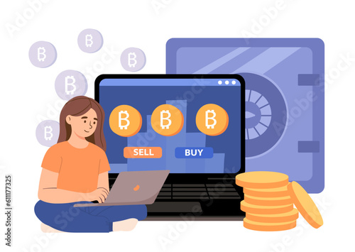 Woman buy bitcoin cryptocurrency concept. Young girl with laptop sits near gold coins. Investing and trading, economy. Financial literacy and passive income. Cartoon flat vector illustration