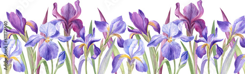 Iris flowers seamless border, botanical watercolor illustration. Perfect for greeting cards, notepads, packaging, and other stationery products