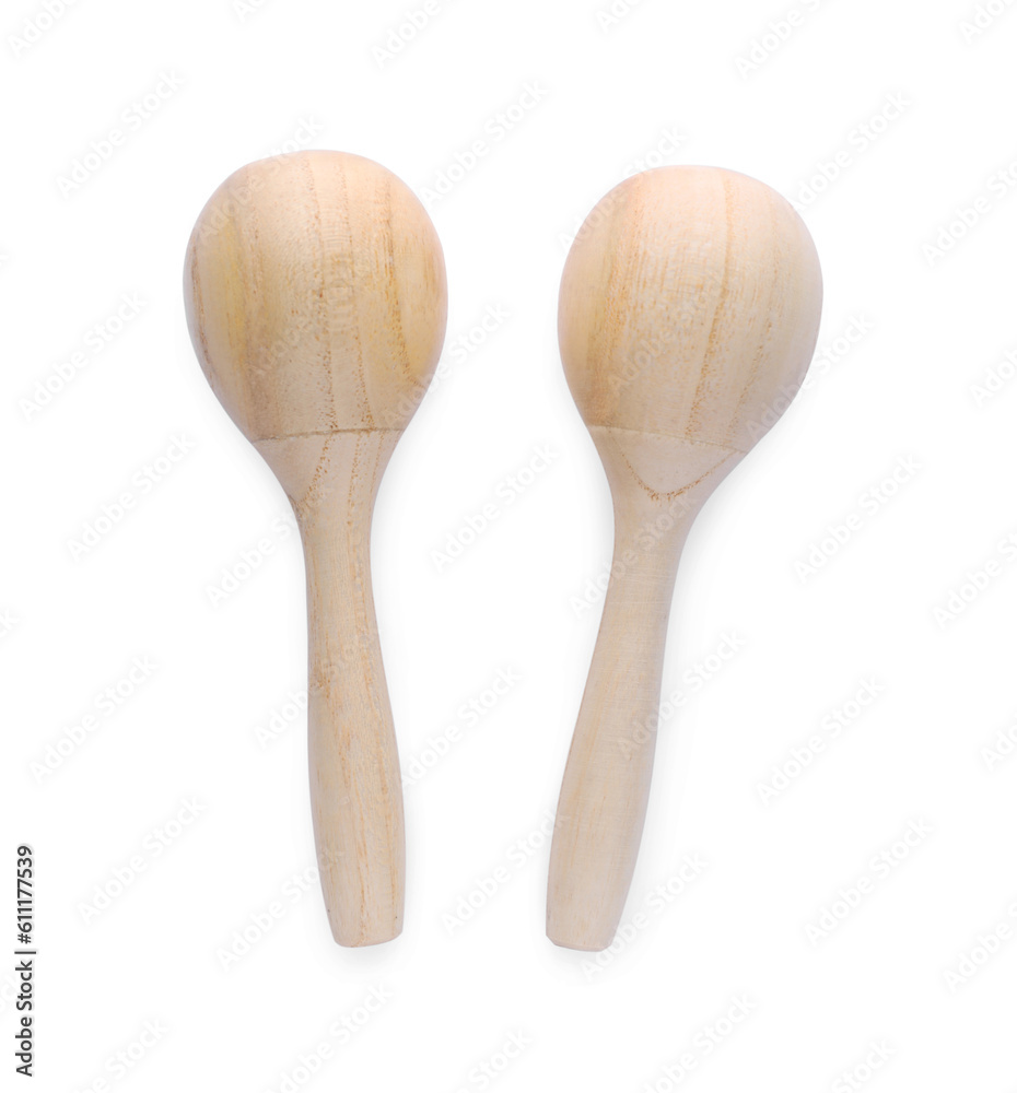Wooden maracas isolated on white, top view. Musical instrument Wooden maracas isolated on white, top view. Musical instrument
