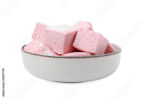 Bowl of delicious sweet marshmallows with powdered sugar isolated on white