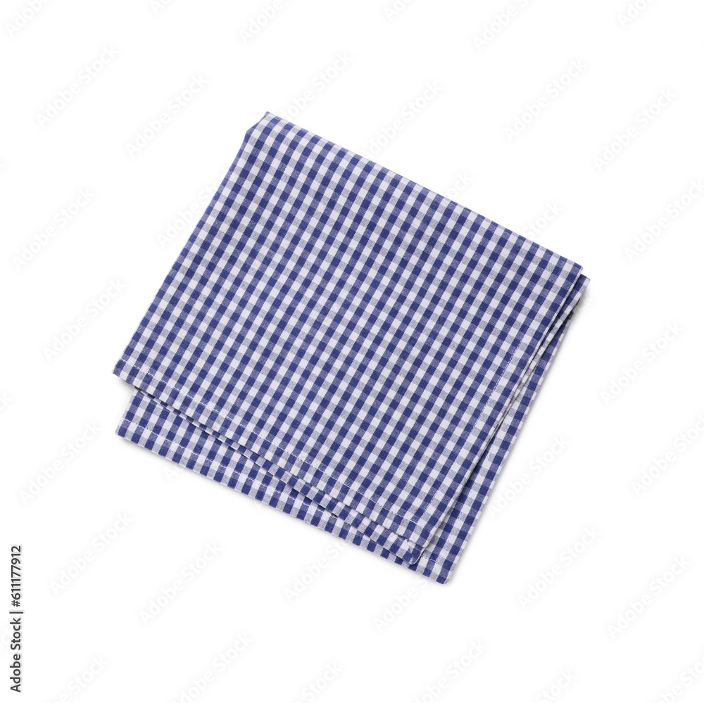 Blue checkered tablecloth on white background, top view Blue checkered tablecloth on white background, top view
