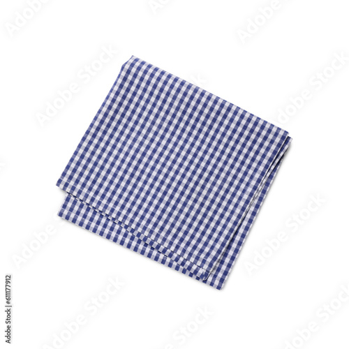 Blue checkered tablecloth on white background, top view