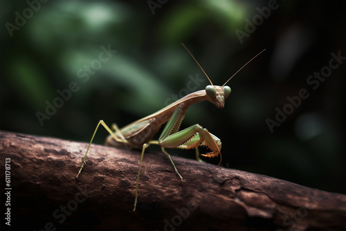 Generative AI. a praying mantis on a tree branch