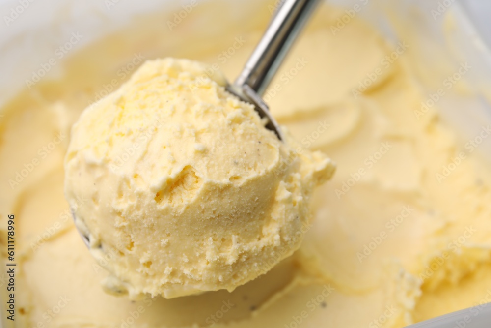 Taking scoop of vanilla ice cream from container, closeup Taking scoop of vanilla ice cream from container, closeup