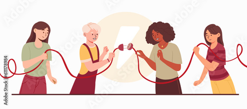 People connected plug concept. Men and women work on common project. Teamwork, collaboration and cooperation, partnership. Characters connect lightbulb. Cartoon flat vector illustration