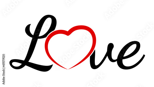 Word Love with red heart instead of letter O on white background