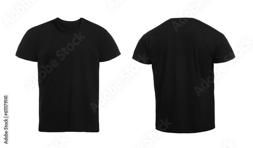 Stylish black t-shirt on white background, front and back views. Space for design