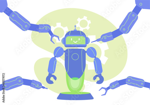 Robots create robot concept. Automatic production, machine learning and artificial intelligence. Production and development of AI, innovations ad modern technologies. Cartoon flat vector illustration