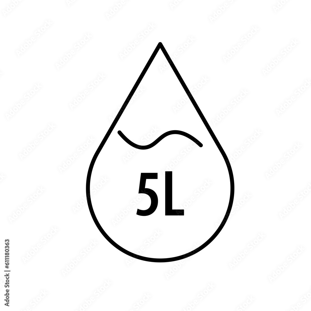 5 liter icon, fluid volume in liters, liquid drop, 5 litre thin line. Vector illustration. Stock image. EPS 10. - obrazy, fototapety, plakaty 