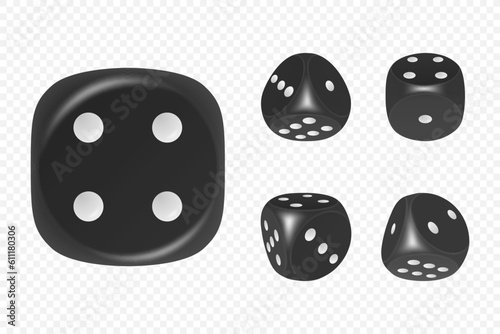 Vector 3d Realistic Black Game Dice with White Dots Set in Different Positions Isolated. Gambling Games Design, Casino, Poker, Tabletop, Board Games. Realistic Cubes with Random Numbers, Rounded Edges