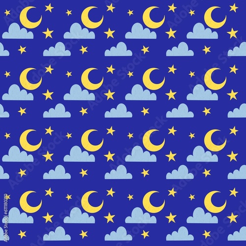 Seamless pattern for kids night sky moon clouds stars