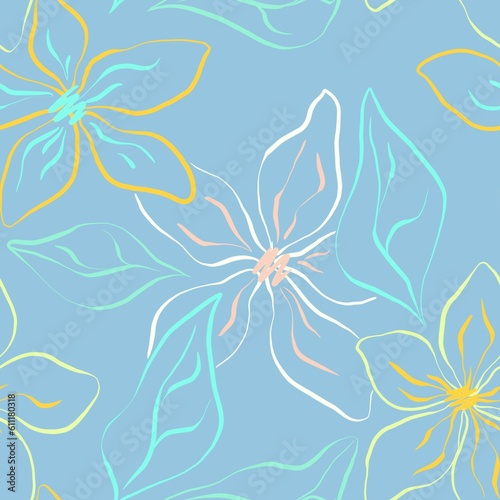 Seamless pattern on blue background with colorful pastel flowers