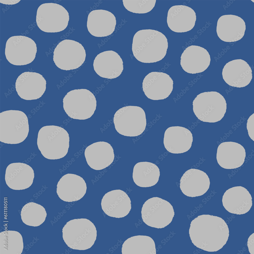 All over seamless repeat pattern with big gray polka dot on navy blue with grunge edges. Versatile trendy modern background with tossed dots