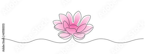 Flower pink lotus in one continuous line drawing. Logo yoga studio and wellbeing spa salon concept in simple linear style. Water lily in editable stroke. Doodle outline vector illustration
