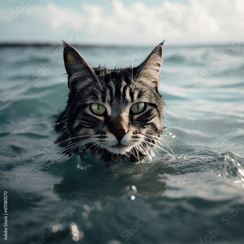 Funny cat swims in the water on a sunny day. Kitten swimming in the ocean. Cat dives into sea water. Realistic 3D illustration. Generative AI