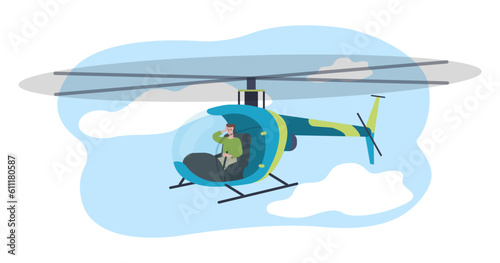 Helicopter pilot on air concept. Man in air transport, young guy at sky. Transportation and logistics. Travel and flights, tourism. Aviation and aircfraft. Cartoon flat vector illustration
