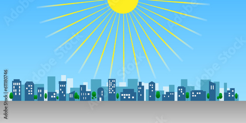 灼熱の日光を浴びる真夏の街の風景のベクターイラスト