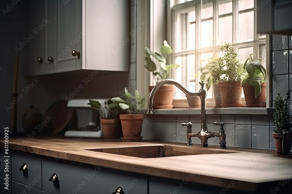 Corner sink in a gray kitchen with a little window, wooden surfaces. close up mock-up toned double-exposed image Generative AI Corner sink in a gray kitchen with a little window, wooden surfaces. close up mock-up toned double-exposed image Generative AI