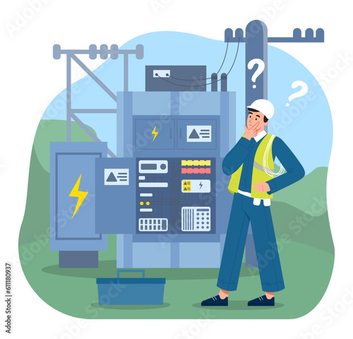 Electrician repairing electrical panel concept. Man in uniform and protective white helmet repairs electricity and voltage. Energy and power in home, district. Cartoon flat vector illustration