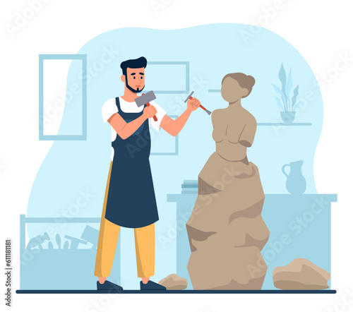 Sculptor with bust at studio concept. Man with hammer and chisel knocks out figure of woman. Tyranny and art. Art object for gallery, exhibition or museum. Cartoon flat vector illustration