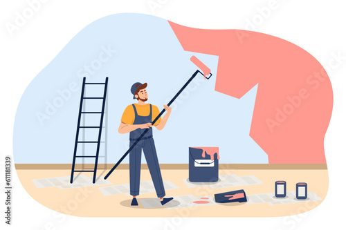 Boy painter at workplace concept. Man in uniform with roller and bucket painting wall. Renovation and repair. Decorator job with roller brush and paint cans. Cartoon flat vector illustration