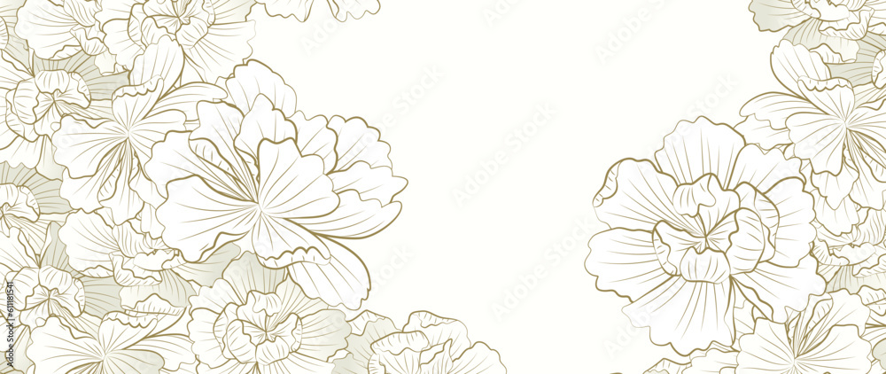 Floral art background in white and beige color in art line style. Banner with oriental pattern of flowers for wallpaper design, decor, print, interior design, textile, poster, invitations.