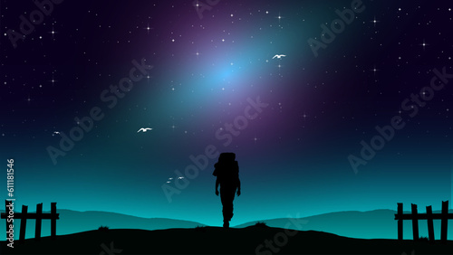 Adventurous man hiker. A Man hiking in the mountains with backpack. Purple night sky HD wallpaper. Traveler with walking sticks. hiking silhouette vector. starry night sky.  © riansa28
