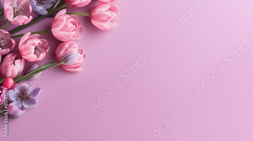 bouquet of pink tulips, pink background, spring flowers, autumn leaves background, Spring feeling background, solid colors - generative AI