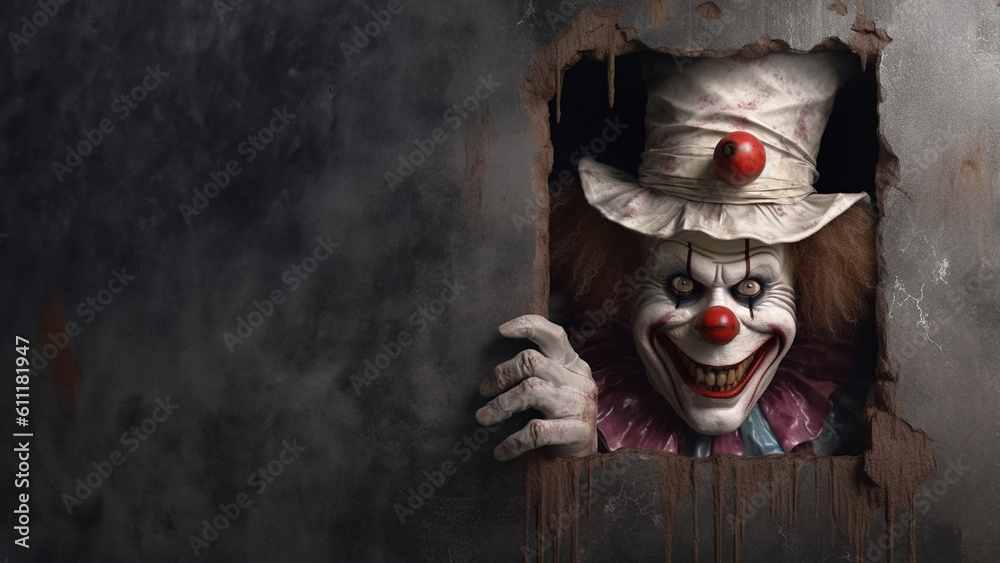 Halloween frightening scary evil clown looking at you peeking out Halloween frightening scary evil clown looking at you peeking out