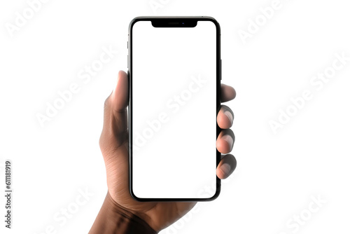 Hands holding smart phone with white screen over transparent backdrop. Generative AI