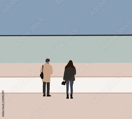 Man and woman waiting and crossing street and using mobile phones ignoring each other preferring social networks, students chatting online instead of communicating in real life