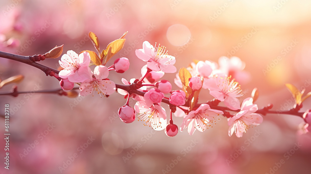Obraz premium Spring blossom over blurred nature background with sunshine, banner. Retro toned . Generative Ai