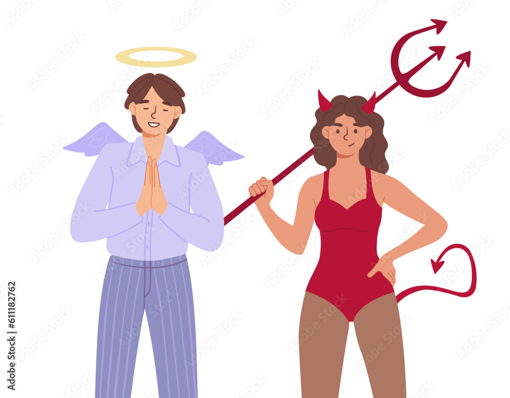 Angel and devil together concept. Man with wings and halo stands next to woman in red suit with trident. Good and evil. Mythology and religion, fantasy. Cartoon flat vector illustration Angel and devil together concept. Man with wings and halo stands next to woman in red suit with trident. Good and evil. Mythology and religion, fantasy. Cartoon flat vector illustration