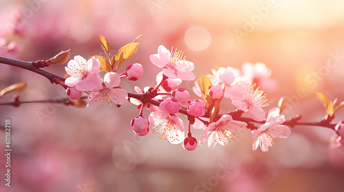  Spring blossom over blurred nature background with sunshine, banner. Retro toned . Generative Ai