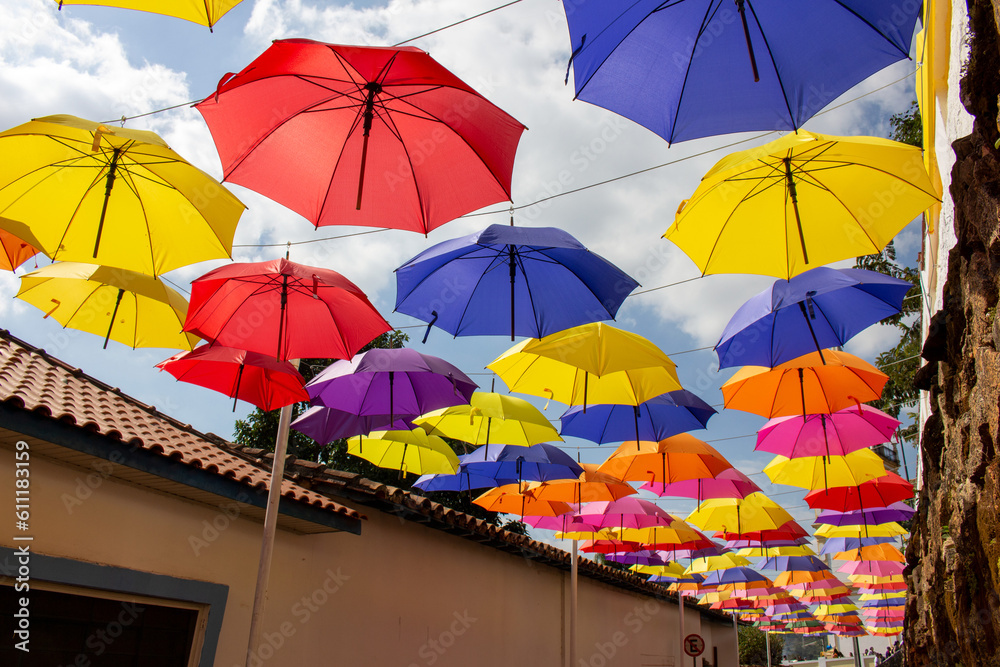 Street covered with umbrellas. Street decoration