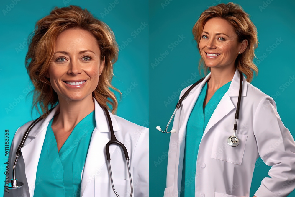 AI 32 years old doctor female smiling two frames teal background AI 32 years old doctor female smiling two frames teal background