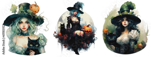 beautiful curly witch girl in a pointy hat with a Black cat in watercolor,  isolated witch for halloween set,  generative AI