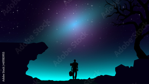 Adventurous man hiker. Purple night sky HD wallpaper. A Man hiking in the mountains with backpack. starry night sky. Traveler with walking sticks. hiking silhouette vector.