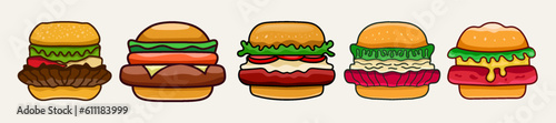 Set of vector burger delicious and artistic fast food with bold line. Hand drawn hamburger logo template.