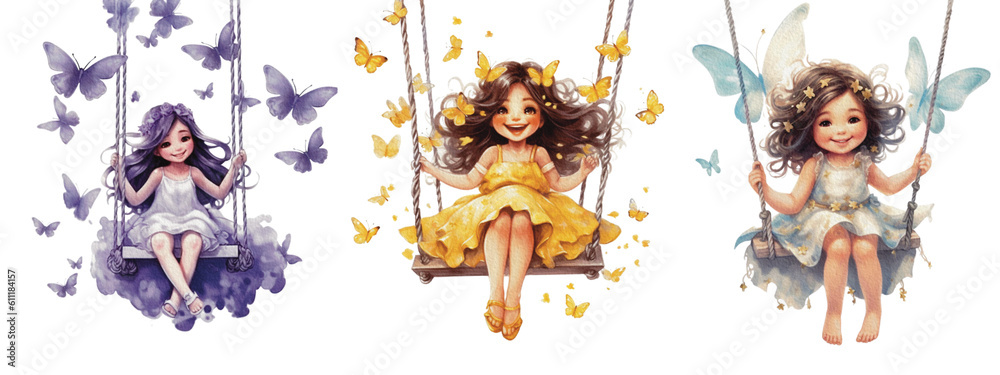 Fototapeta premium Set Happy Girls Swing Isolated on White Background. Little princes Characters Sitting on a sweet swing in watercolor, generative AI