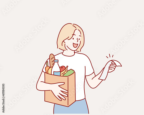 Shocked young woman holding shopping bag and checking grocery receipt. Hand drawn style vector design illustrations.