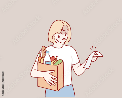 Shocked young woman holding shopping bag and checking grocery receipt. Hand drawn style vector design illustrations.