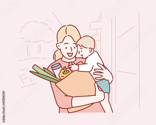 Young mother with baby boy in front of a supermarket. Hand drawn style vector design illustrations.