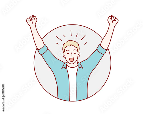 satisfied young man celebrating success. Hand drawn style vector design illustrations.