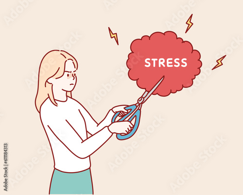 Stress elimination from busy work or toxic environment, changing behavior for better mental health, Woman cutting stress balloon string with scissors. Hand drawn style vector design illustrations.